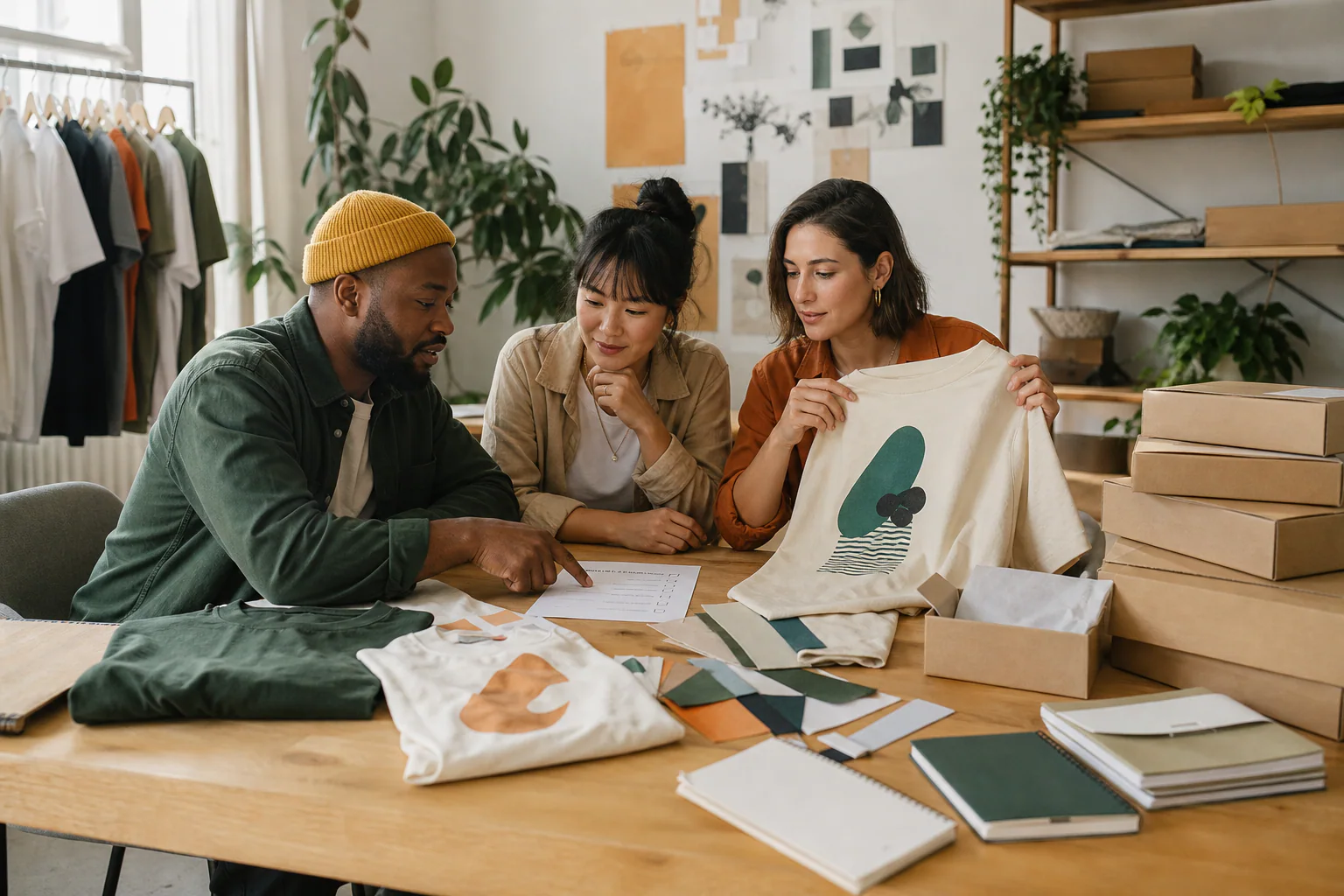 Three people discussing designs and garments on a wooden table, with clothing hanging in the background.