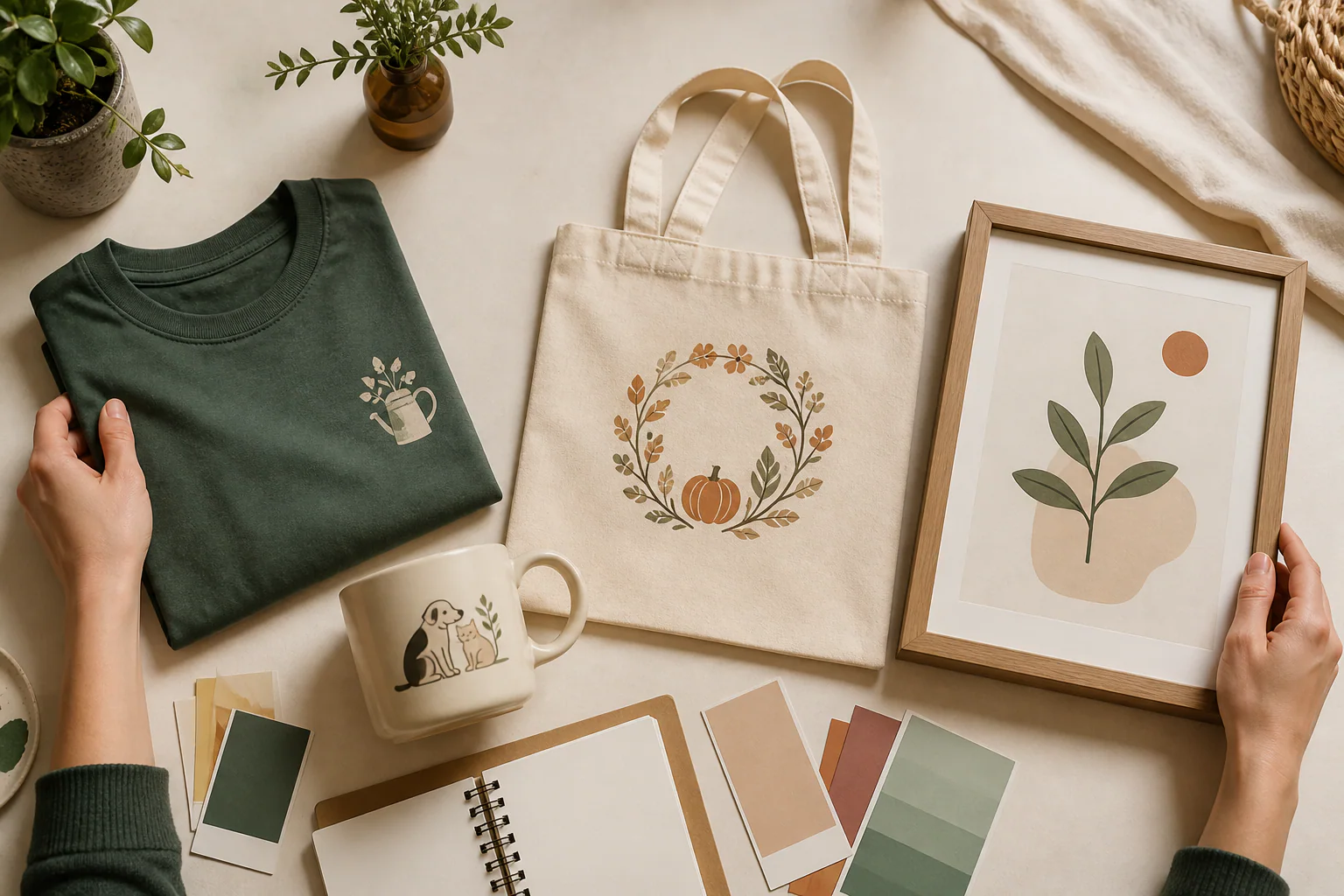Four Etsy product ideas—a T-shirt, mug, tote bag, and wall print—arranged for comparison on a maker's desk.