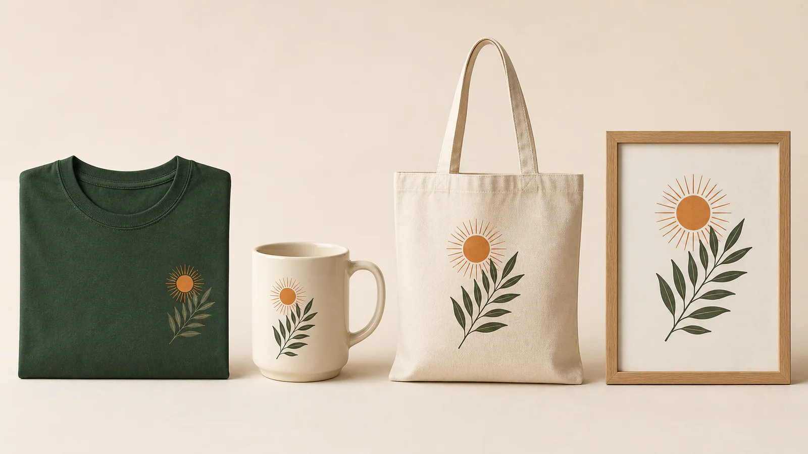 The same orange-and-green botanical motif adapted to a T-shirt, mug, tote bag, and wall print.