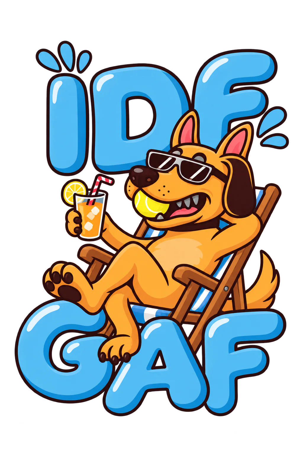 A funny cartoon dog relaxing in a beach chair with sunglasses, a tennis ball and a cold drink, paired with bold blue “IDGAF” lettering