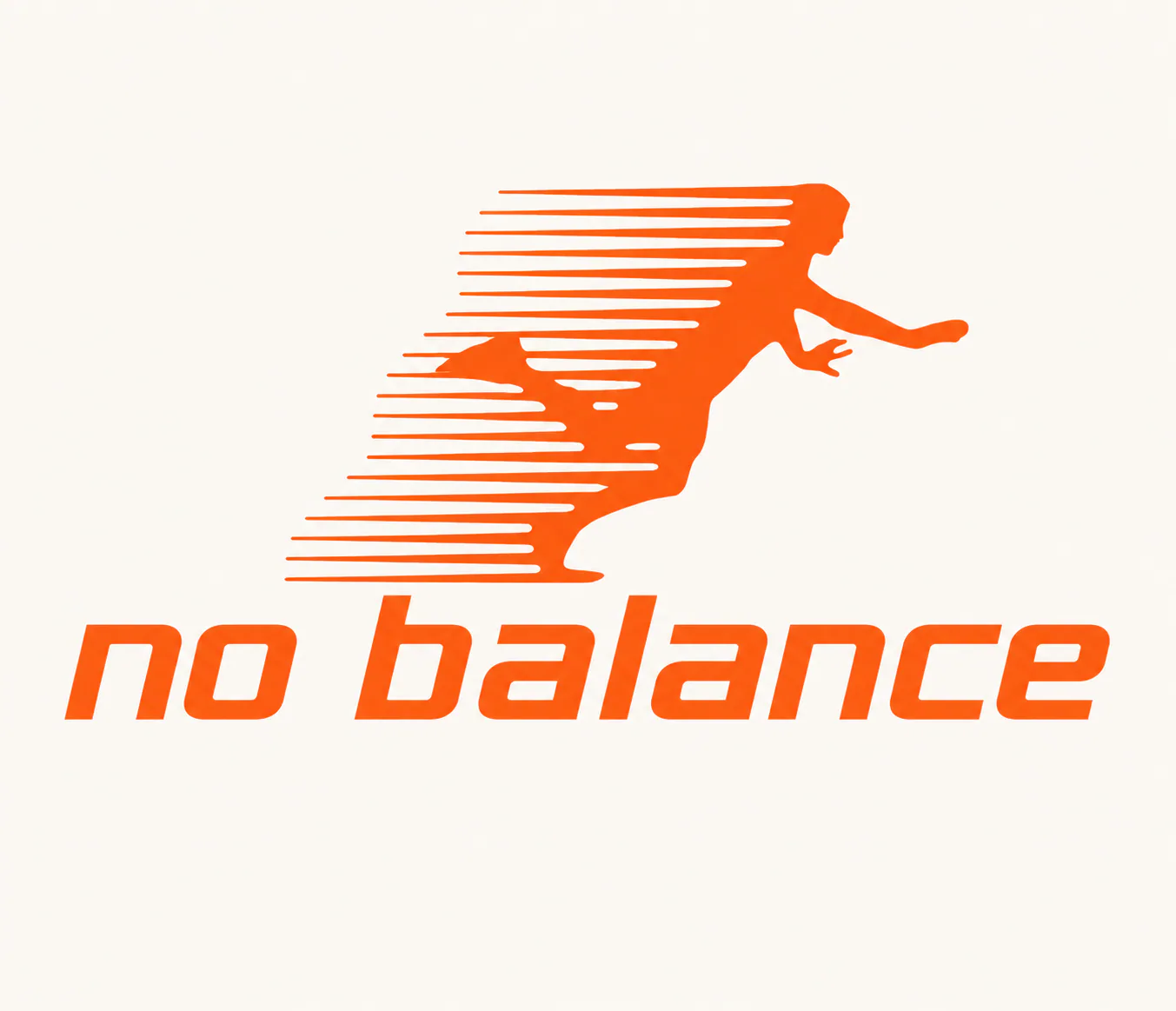 A minimalist orange running design featuring a dynamic runner silhouette with speed lines and the phrase “No Balance.”
