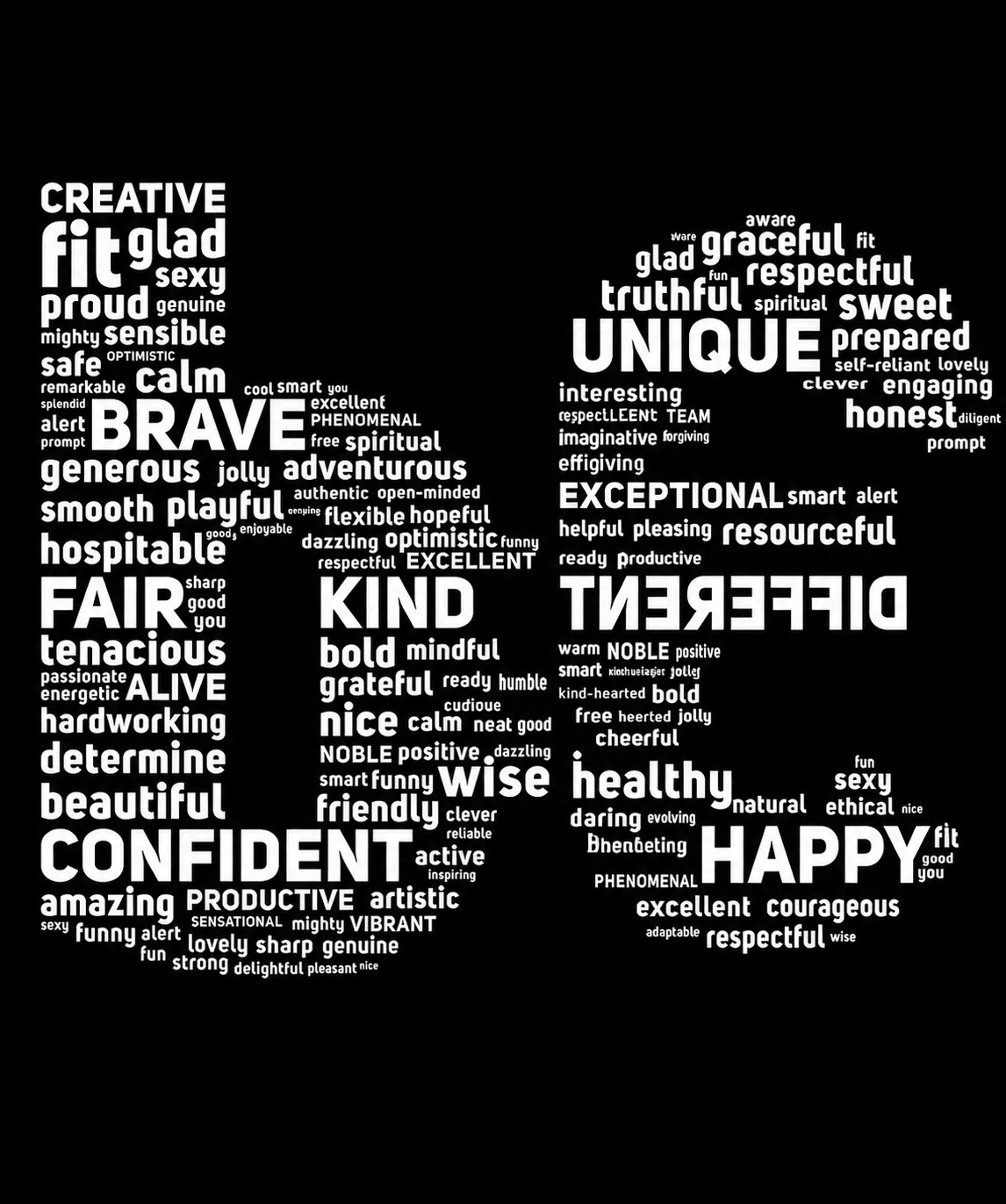 A bold typographic word-cloud composition built from uplifting personality traits such as brave, unique, confident, kind, wise, healthy and happy.