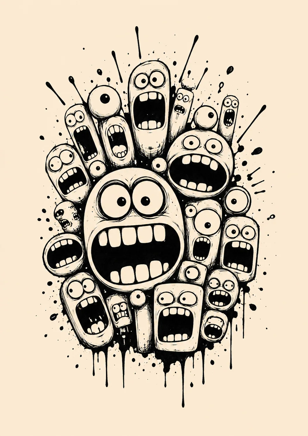 A chaotic black ink illustration packed with wide-eyed, screaming cartoon creatures and expressive faces.