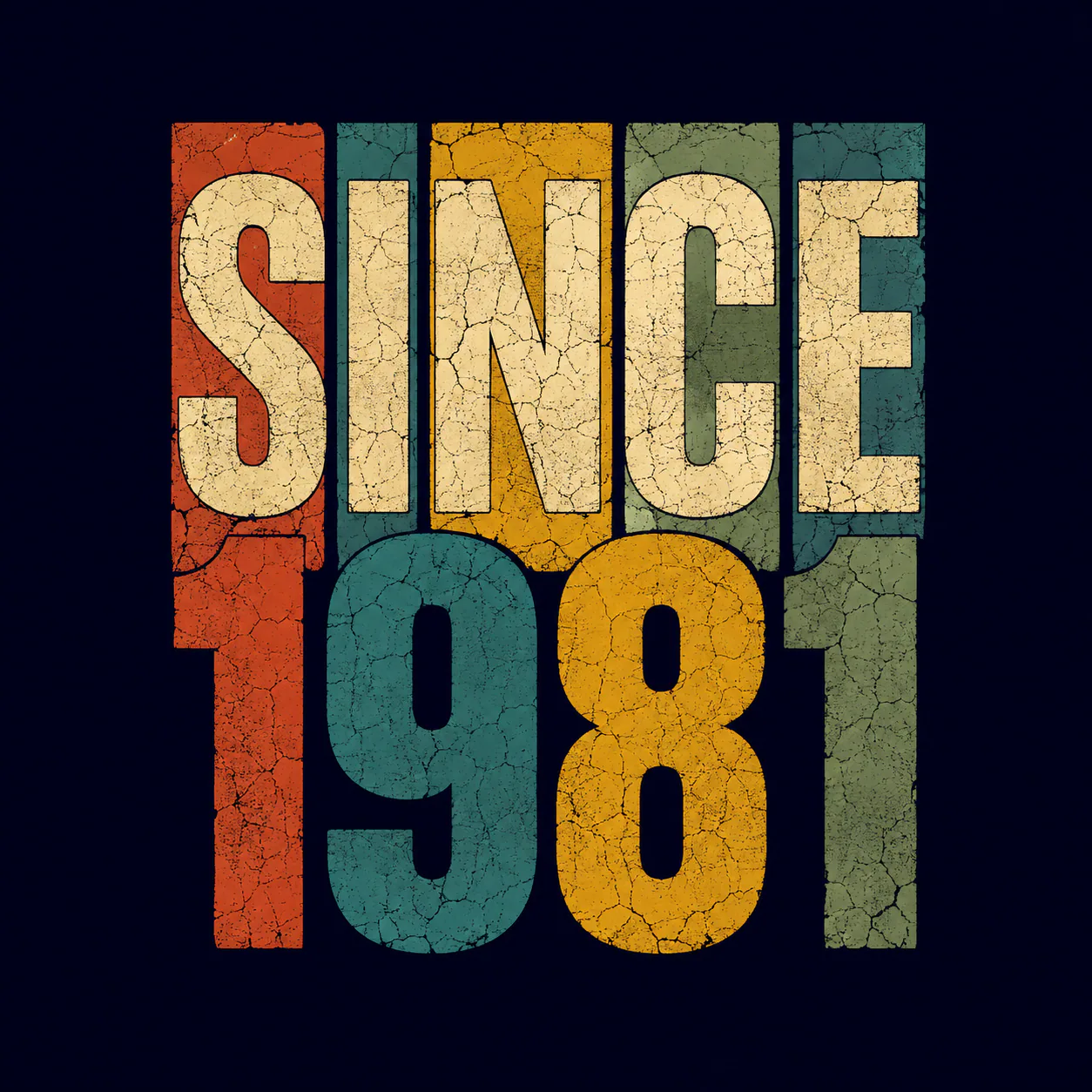 A retro distressed typography design featuring “Since 1981” in warm vintage colors